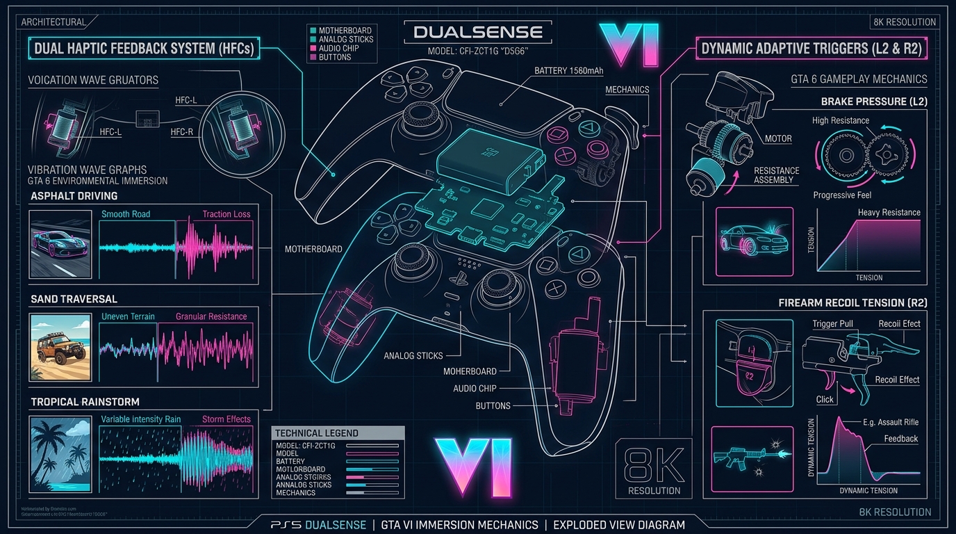 PS5 DualSenseコントローラーの内部構造とGTA6のハプティック・トリガー連携ダイアグラム
