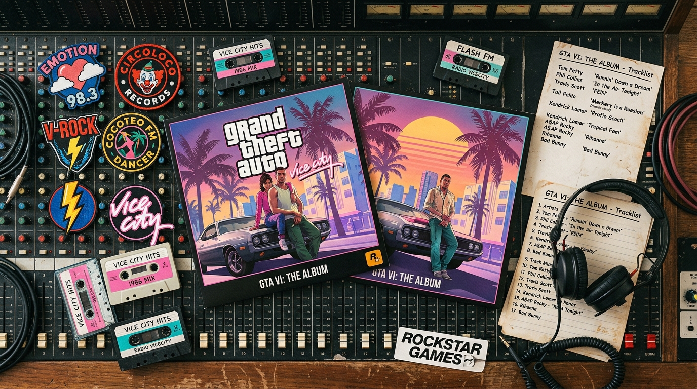 GTA6公式サントラアルバムのアナログレコード、カセットテープ、ラジオ局周波数バッジのスタジオレイアウト